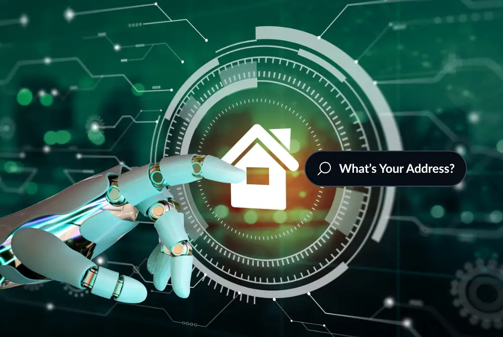 AI Robot pointing to a home and search bar with the label What's Your Address