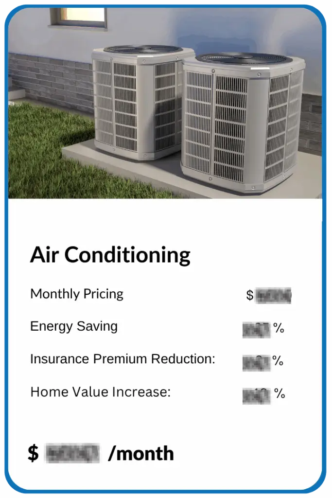 two air conditioning condensers over plan showing monthly pricing, energy savings, insurance premium reductions, and home value increase