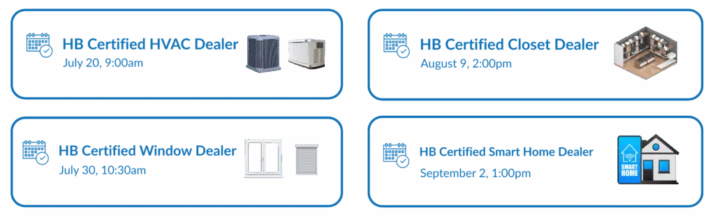 four concierge center boxes with calendars and samples of appointments you could book with homebridge including central air conditioning, hurricane impact windows, custom closets, and smart homes with text in blue