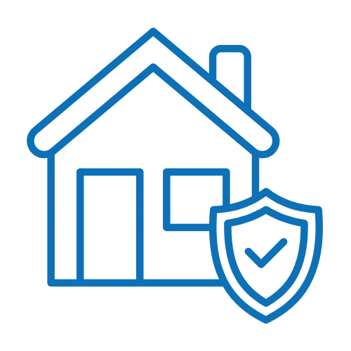 blue checkmark in a shield over a home representing an insured home