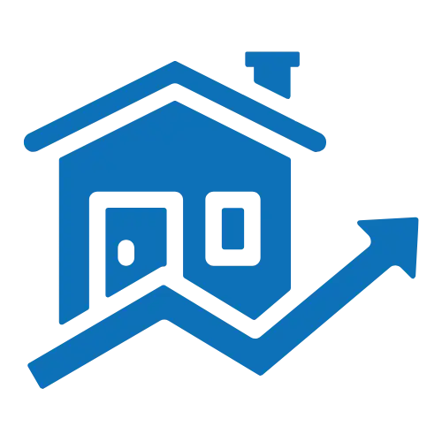 blue home with arrow going up to represent increase in home value