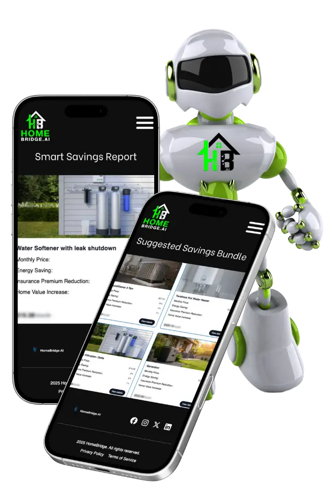 Homebridge ai robot with two mobile phones showing a screenshot of the homebridge smart savings plan