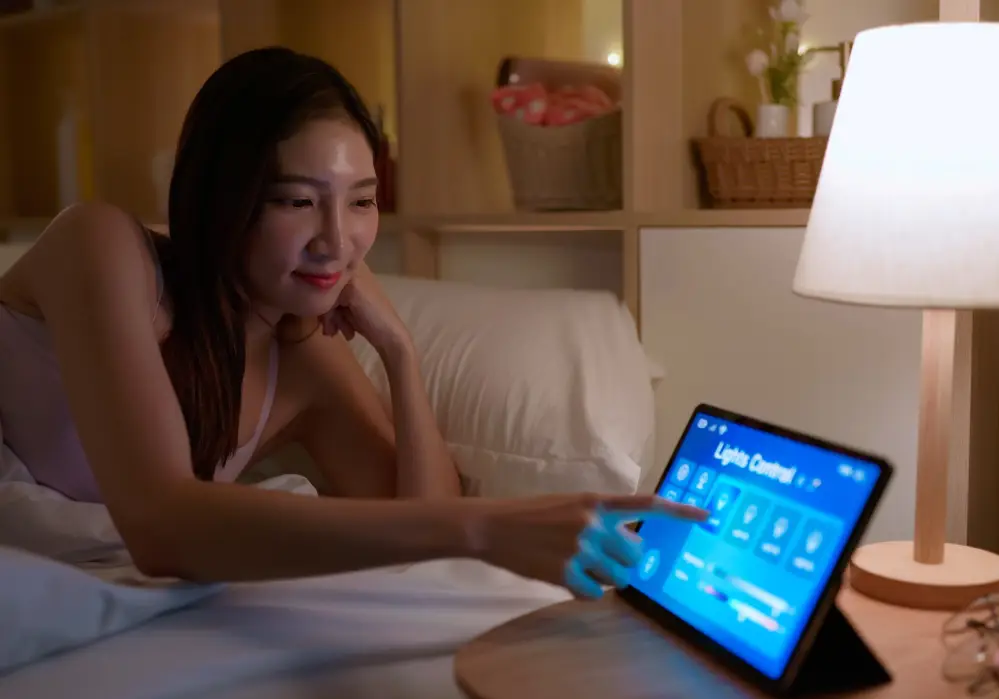 woman checking a tablet on a nightstand showing her lighting control for home