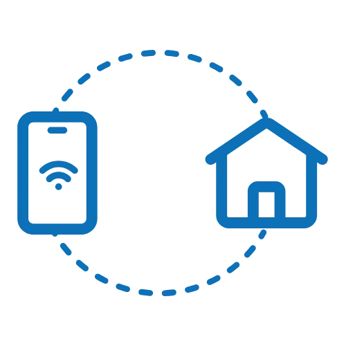 blue smart phone communicating with a mobile phone to represent a smart home