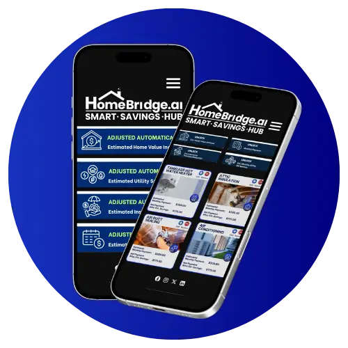 Homebridge.ai Smart Savings Plan for Homeowners dashboard preview on mobile devices, showing AI-powered Smart Savings Hub with estimated home value, insurance, and utility savings data.